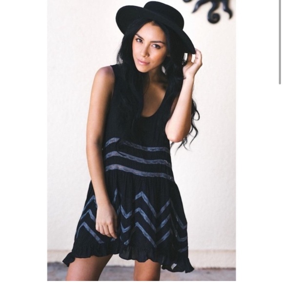 Free People Black Polka Dot Voile and Lace Trapeze Mini Dress - Picture 1 of 6